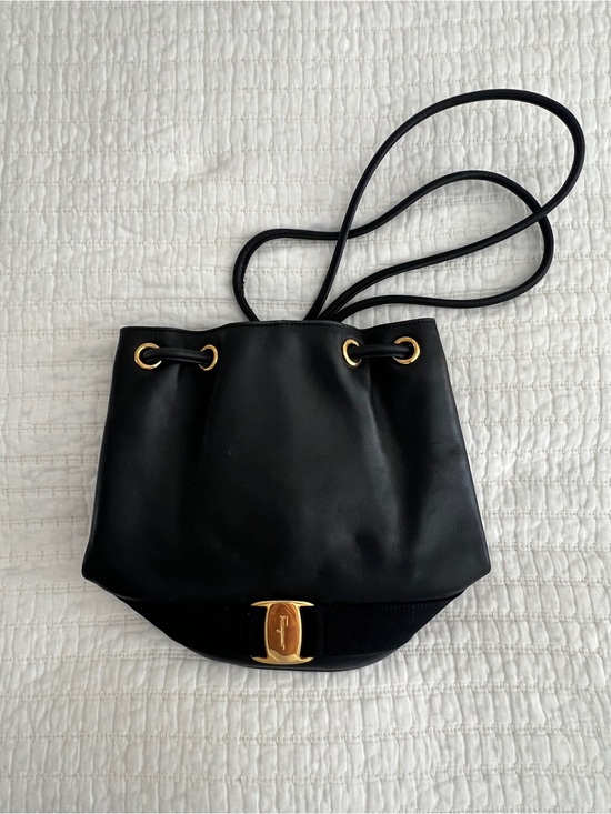 Salvatore Ferragamo Handbags - Vintage Salvatore Ferragamo Black Leather Drawstring Shoulder Bag